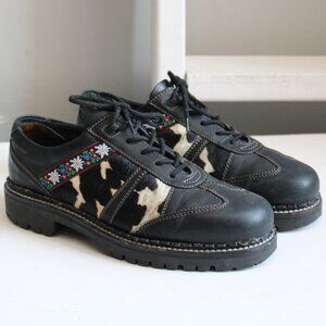 Josef Seibel Black Leather Cowhide Floral Embroidered Chunky Hiking Shoes sz 11